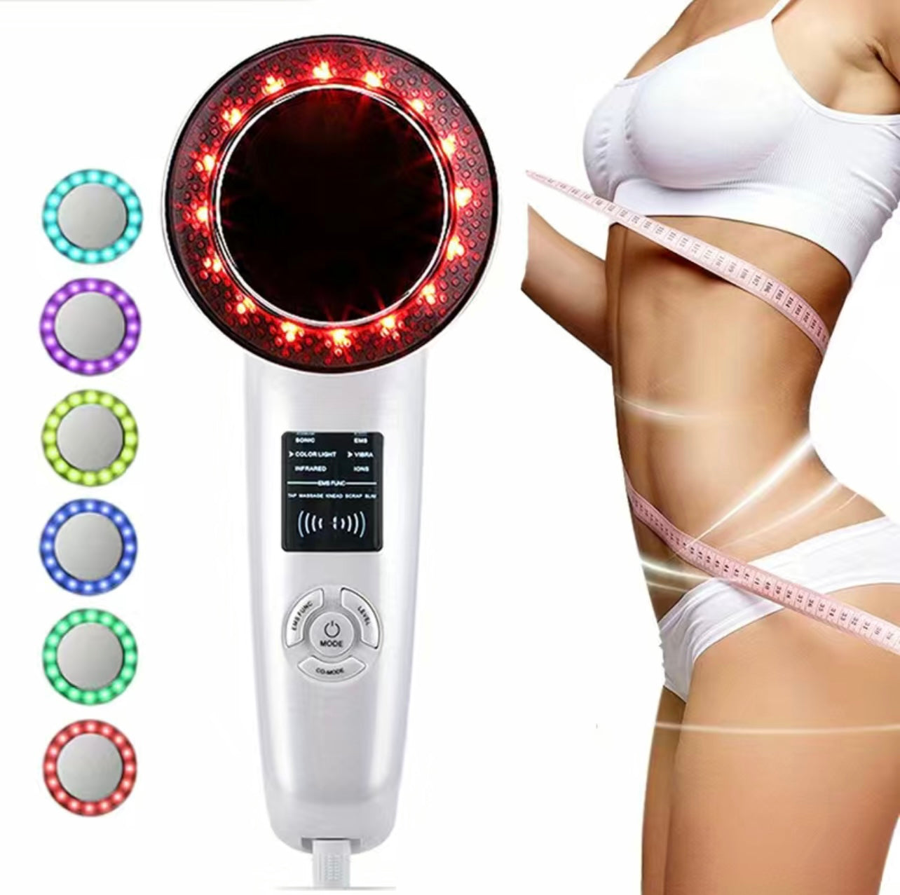 Radio Frequency, Electronic Muscle Stimulation & Infrared Light Therapy to prompt lymphatic drainage, tighten skin, produce targeted fat loss, and body contouring effects.  Can be used on the face for lifting or body for overall skin tightening.  Helps body produce new collagen and elastin which works to correct acne,dark spots and scars, TikTok top selling, viral TikTok finds, tiktok made me buy it