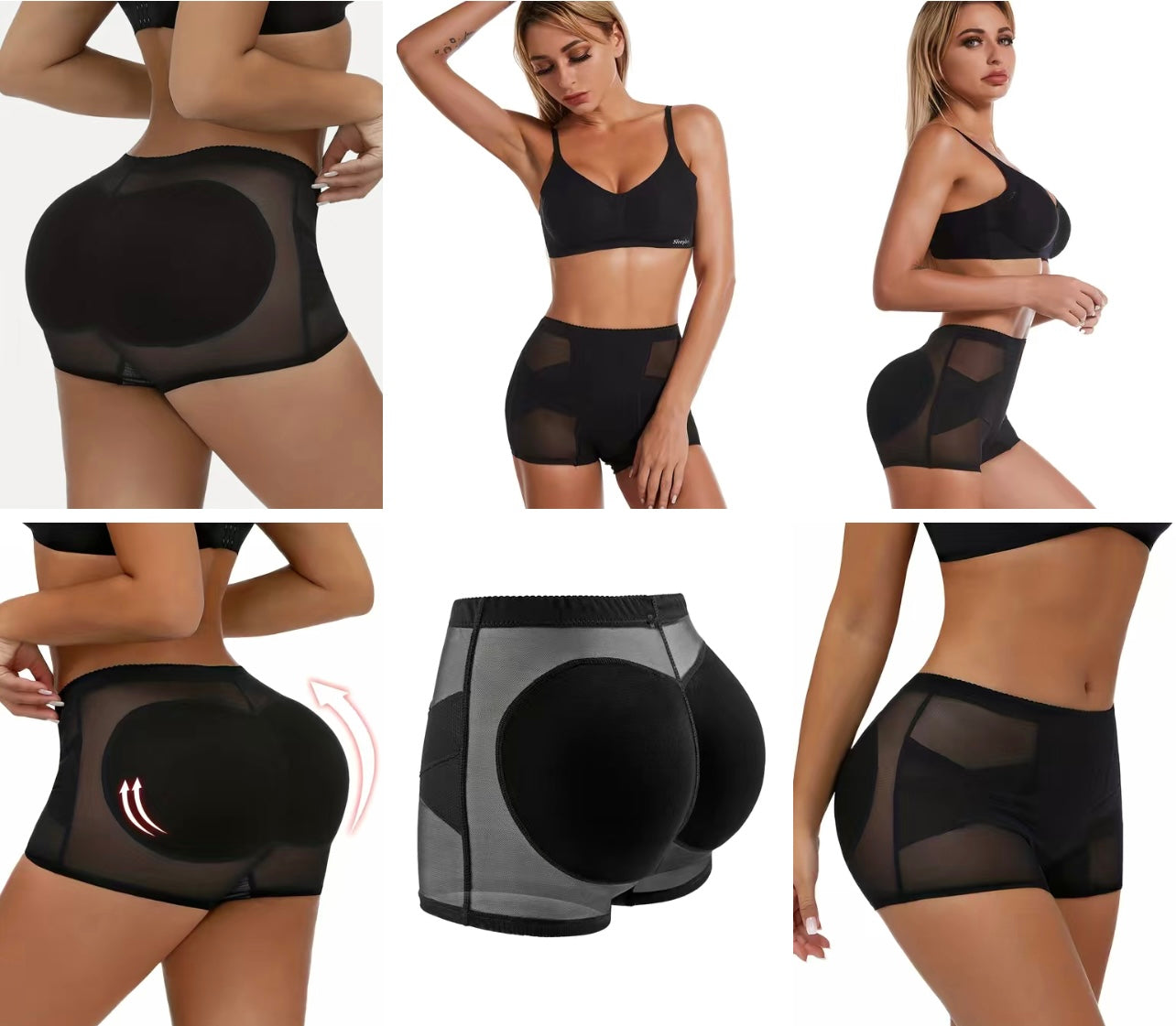  Seamless, Padded Butt Lifting Shape Wear. Buttocks Enhancing Sheer panties. High Waist BBL Shorts to and enhance your bootie. Comes in 2 colors Black or Nude. Made of polyester/mesh blend. full coverage, padded underwear. 