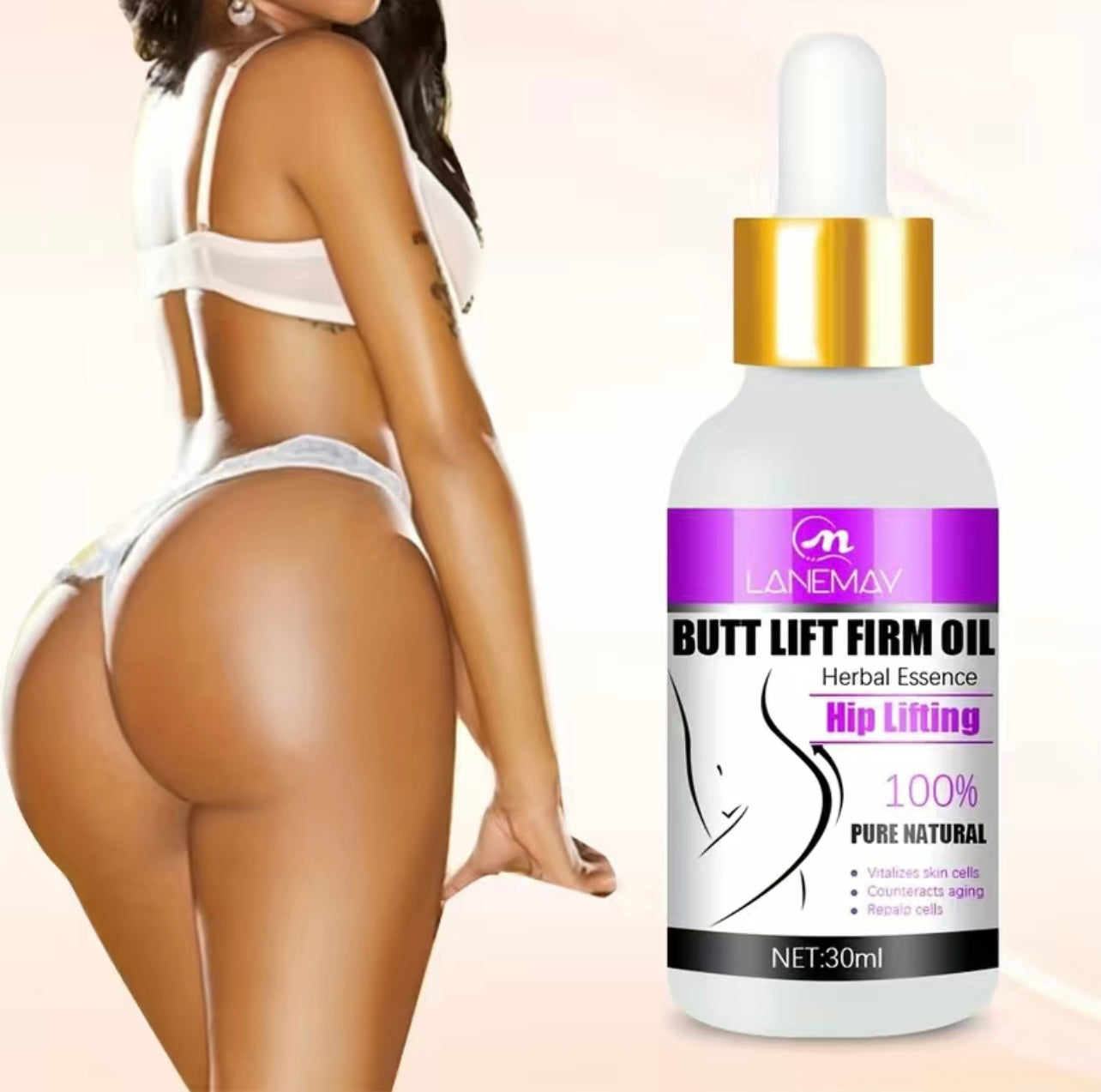 All Natural Butt Lifting, Firming and Plumping Body Oil.  some benefits of the product are cellulite smoothing, increased skin elasticity, and skin firming. The product also stimulates collagen production for a firmer, fuller buttocks. This Product can produce up to a 20% volume increase in the buttocks and hips with extended use. TikTok Viral Best Selling Item 